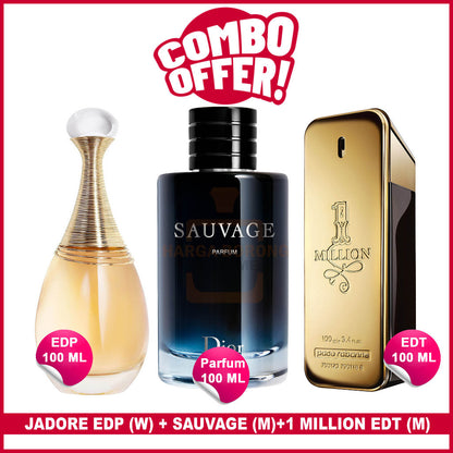 3Pcs🔴Combo Offer🔴 j.dore EdP 100 ml (F) + Sal,vage Parfum 100 ml (M)+ 1 Million EDT (M)